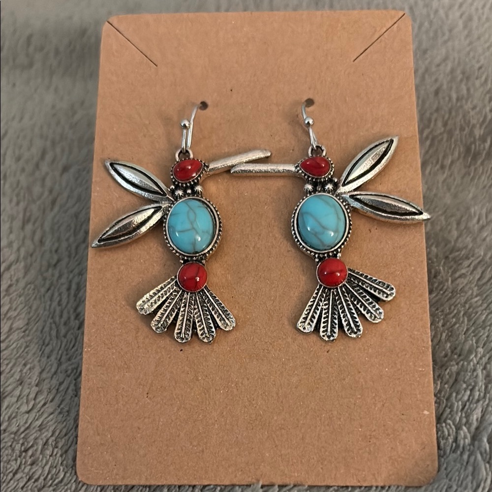 Silver and Turquoise Bird Earrings